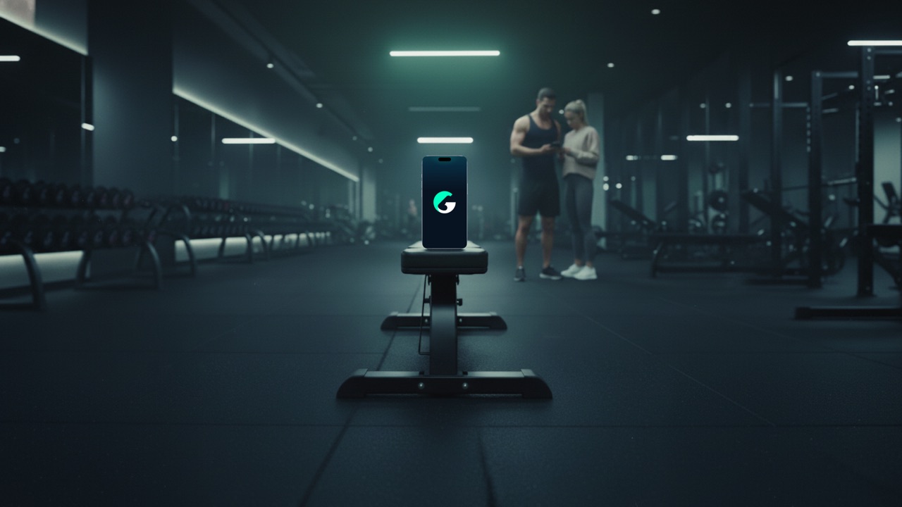 Telefón na lavičke v tmavej posilňovni s otvoreným GYMZO, v pozadí dvaja cvičiaci